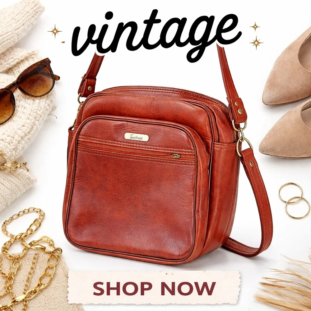 Vintage Jetliner Cognac Brown Leather Crossbody Bag Retro Travel Camera Purse